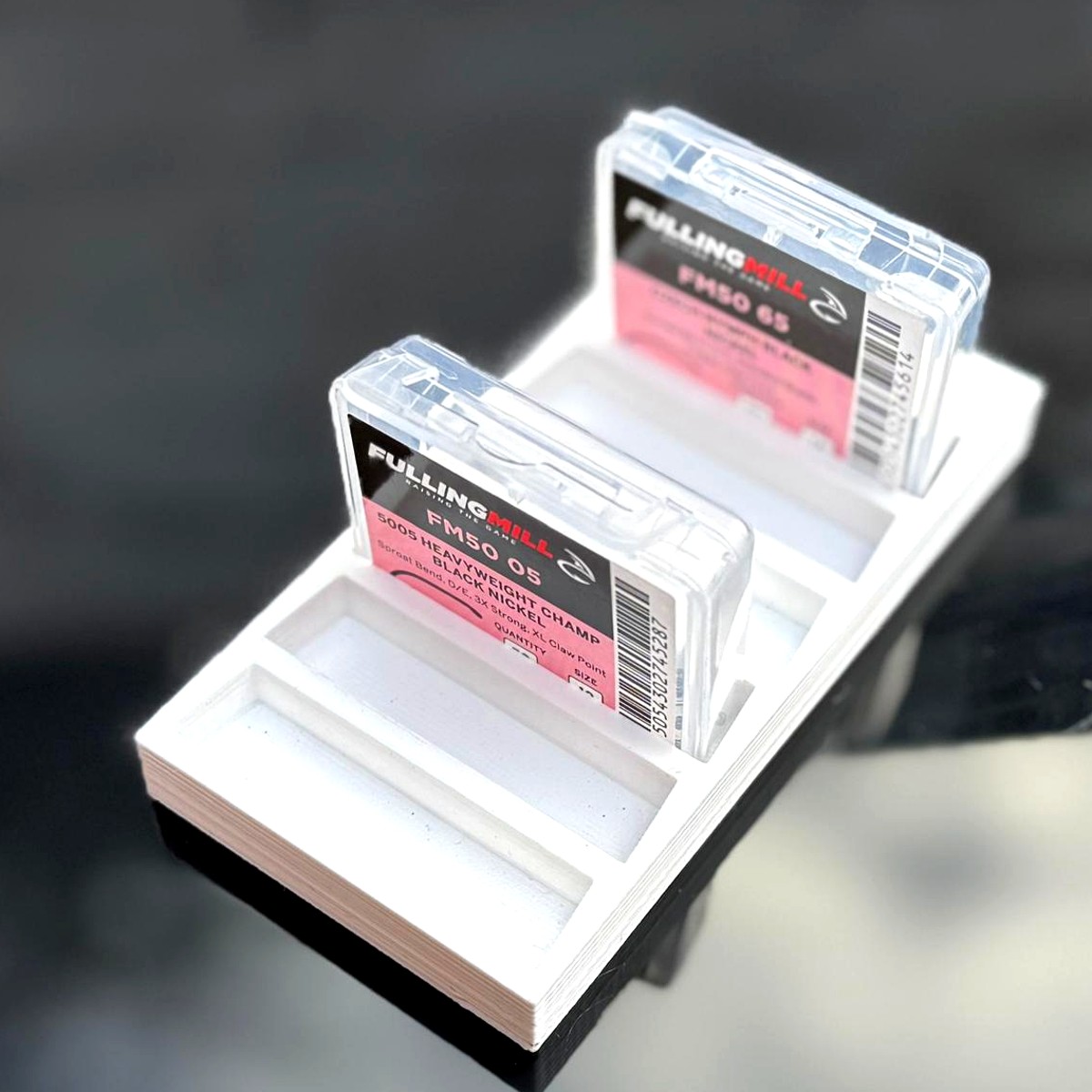 Compact custom tray holding two Fulling Mill hook boxes