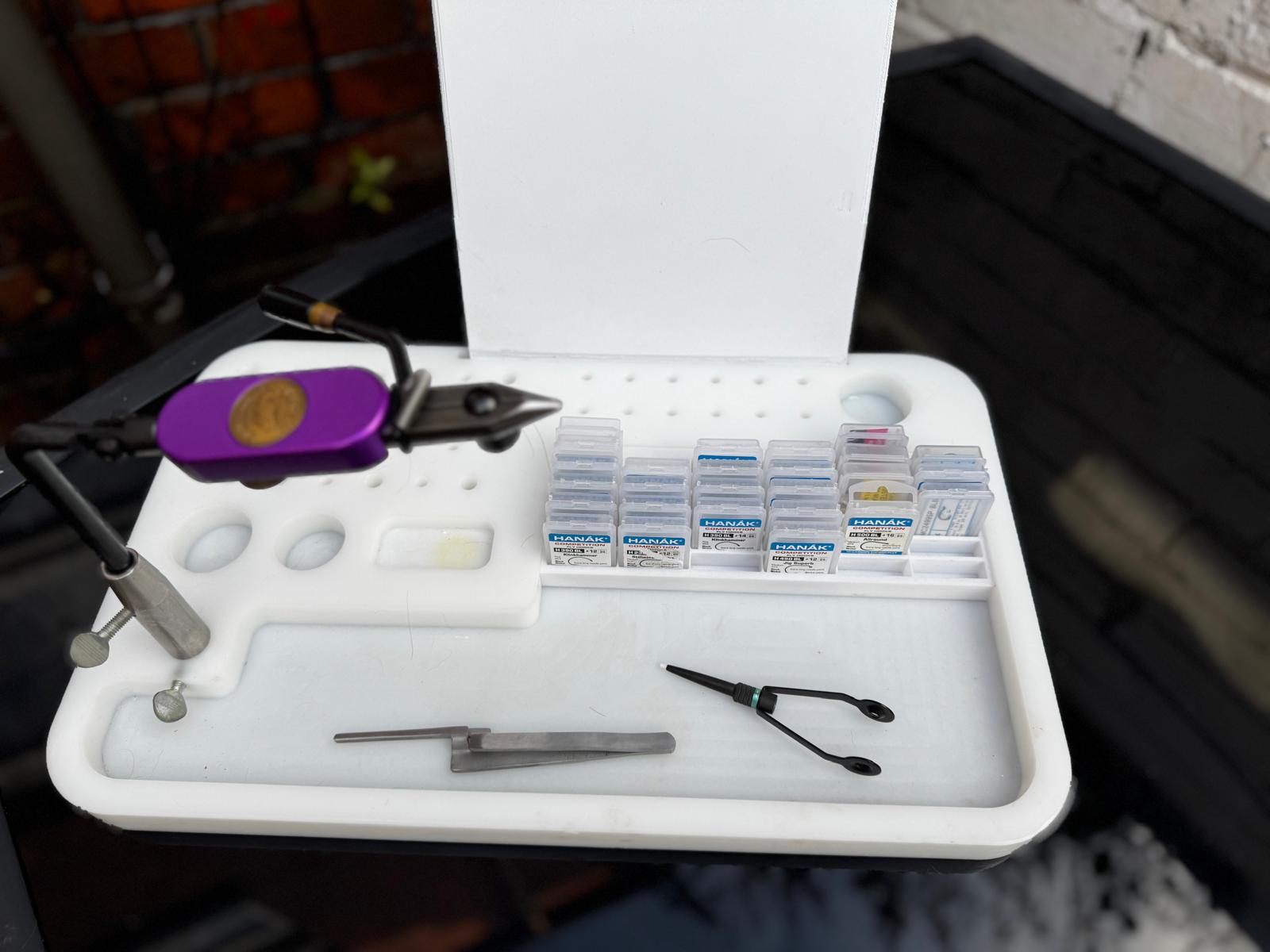 Hooktray tray and Hanak hooks on a Fly Tidy board