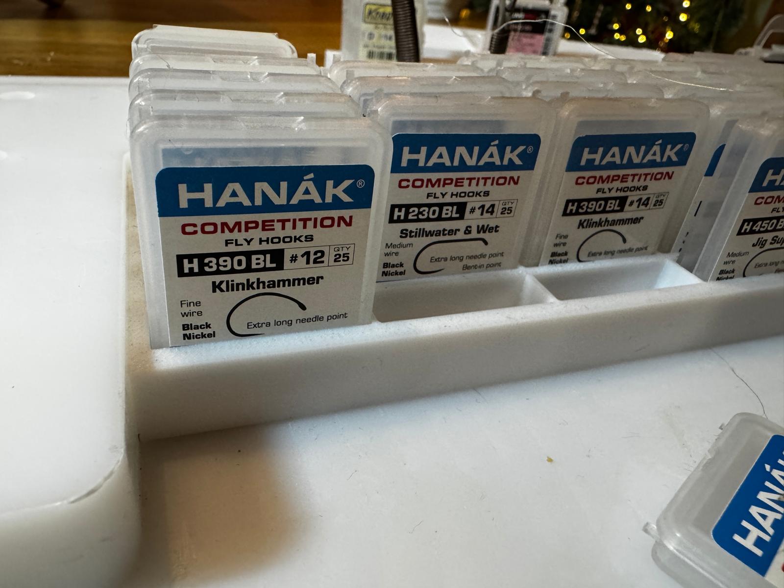Close up of Hanak hook packets in tray
